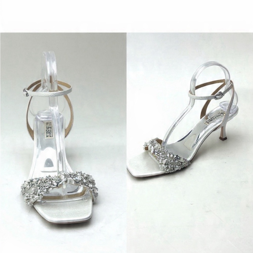 Badgley Mischka White and Silver Embellished Heels.